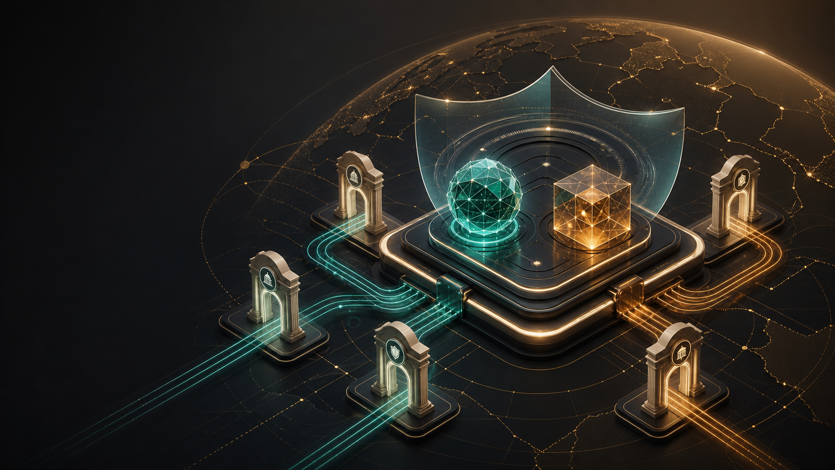 Editorial illustration of two frontier AI model cores behind access gates, cyber safeguards, and global jurisdiction lines